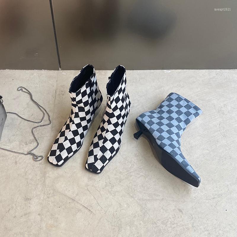 Boots Square Toe Women Ankle Short Botas Thin Mid Heels Black Blue Side Zipper Checkered Design Autumn Spring Woman 39
Boots Square Toe Women Ankle Short Botas Thin Mid Heels Black Blue Side Zipper Checkered Design Autumn Spring Woman 39