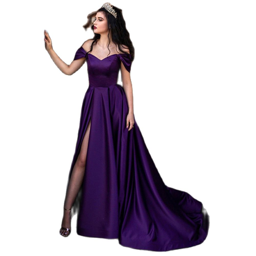 Purple Off the Shoulder V-Neck Satin Prom Dresses for Women Side Split A Line Lace-up Backless Evening Party Gowns, Light purple
Purple Off the Shoulder V-Neck Satin Prom Dresses for Women Side Split A Line Lace-up Backless Evening Party Gowns, Light purple
