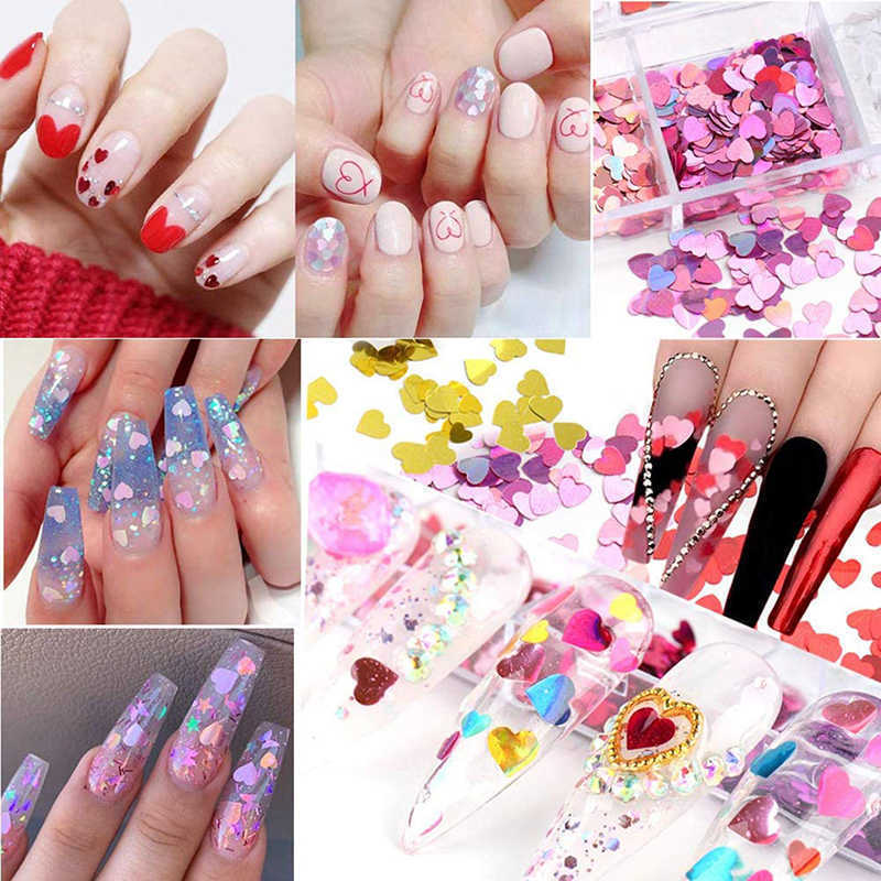 12 Grids Heart Nail Glitter Flakes Art Decals 3D Sweet Sequins Design Nails Valentines Day Decorations Manicure Nagel Glitter Vlokken Art Decals