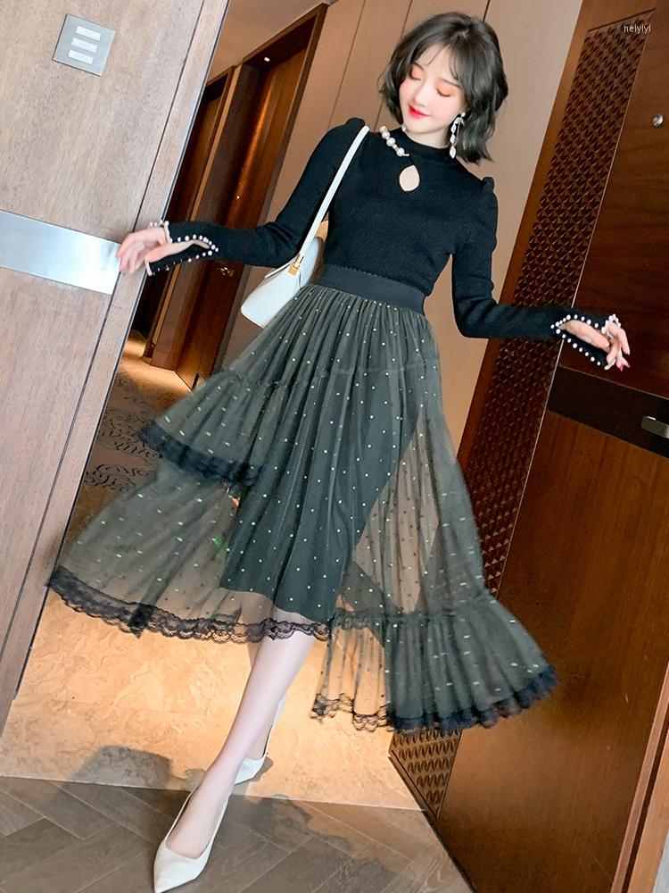 Casual Dresses Beaded Knit Dress High Waist Slim Mesh Half Skirt Two Piece Suit 2022 Spring Quality Top, Black
Casual Dresses Beaded Knit Dress High Waist Slim Mesh Half Skirt Two Piece Suit 2022 Spring Quality Top, Black