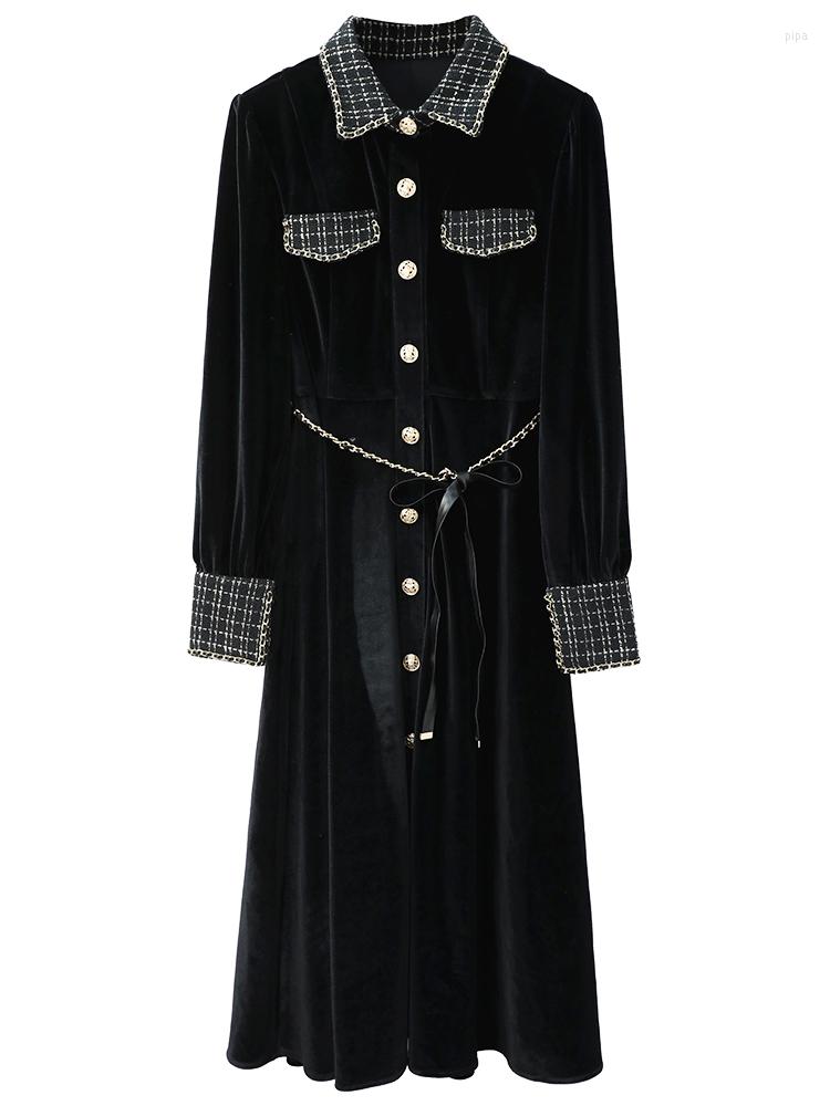 Casual Dresses Top Quality Autumn Winter Dress 2022 Fashion Women Turn-down Collar Wool Velvet Patchwork Long Sleeve Black Vintage, Picture shown 
Casual Dresses Top Quality Autumn Winter Dress 2022 Fashion Women Turn-down Collar Wool Velvet Patchwork Long Sleeve Black Vintage, Picture shown