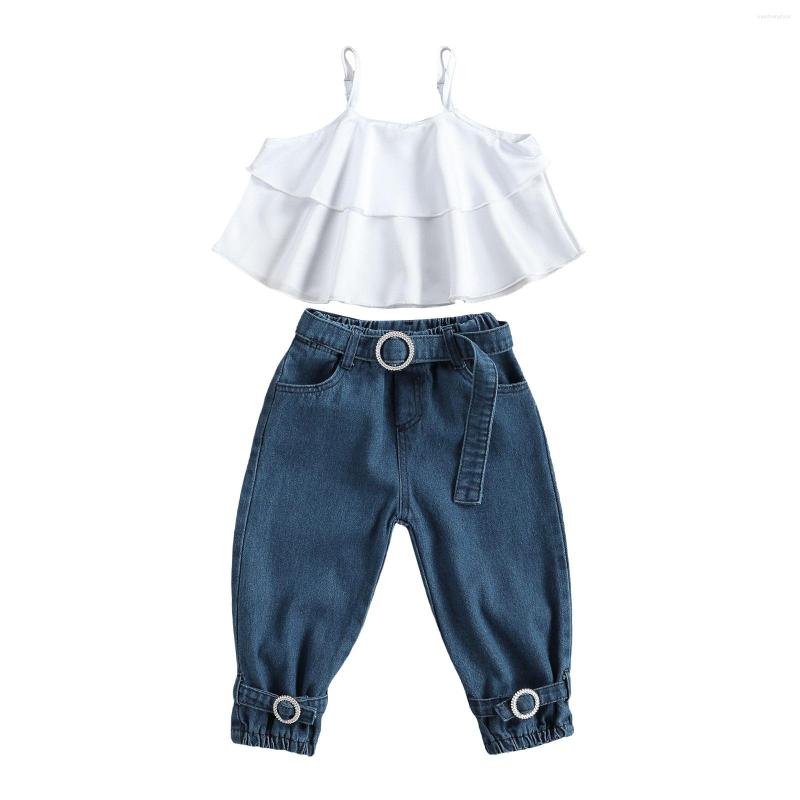 Clothing Sets Toddler Baby Girls Sweet Summer Clothes Spaghetti Straps Layered Ruffle Tank Tops And Denim Long Pants With Belt 18M-6T, Picture shown 
Clothing Sets Toddler Baby Girls Sweet Summer Clothes Spaghetti Straps Layered Ruffle Tank Tops And Denim Long Pants With Belt 18M-6T, Picture shown