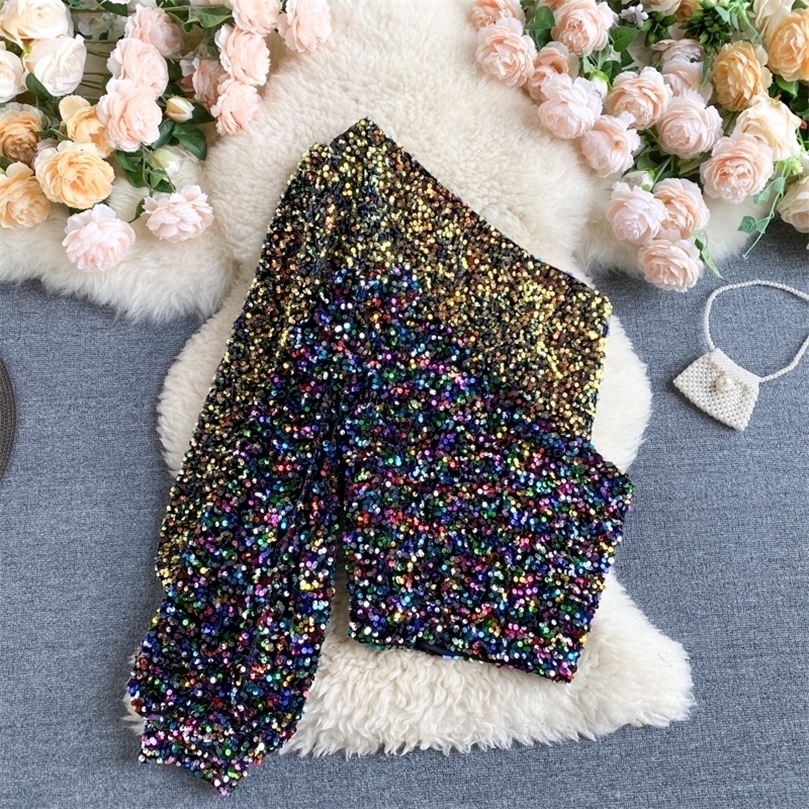 Fall Product Oblique Collar T-shirt Strapless Unilateral Puff Sleeve Slim Fit Short Sequined Top HK102 220307