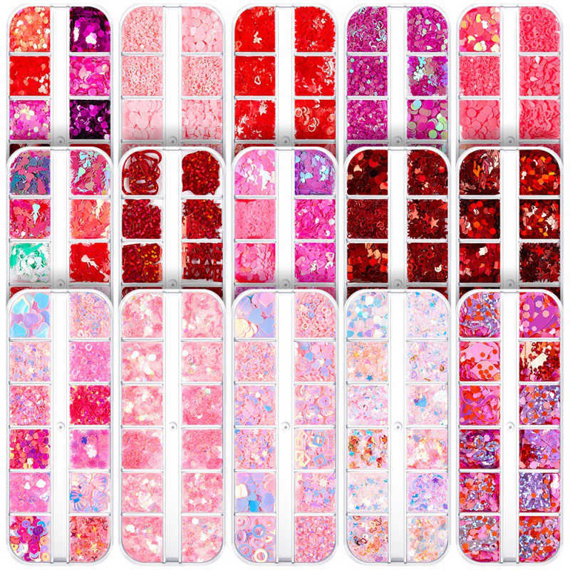 12 Grids Heart Nail Glitter Flakes Art Decals 3D Sweet Sequins Design Nails Valentines Day Decorations Manicure Nagel Glitter Vlokken Art Decals