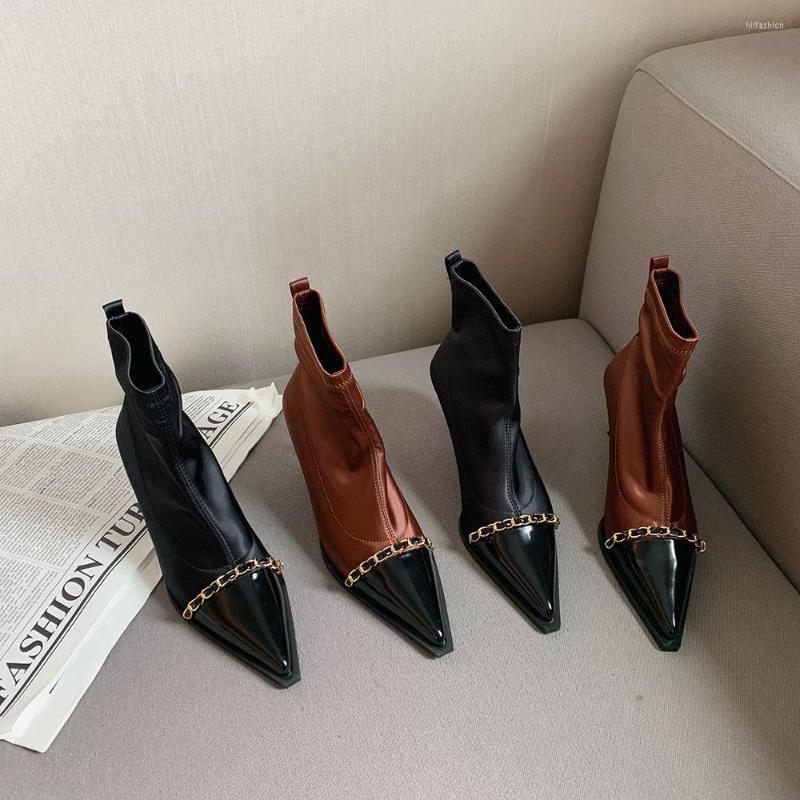 Boots Satin Women Ankle Pointed Toe Sock Botas Black Brown Thin High Heels Stretch Shoes Slip On Metal Chain Party 39
Boots Satin Women Ankle Pointed Toe Sock Botas Black Brown Thin High Heels Stretch Shoes Slip On Metal Chain Party 39