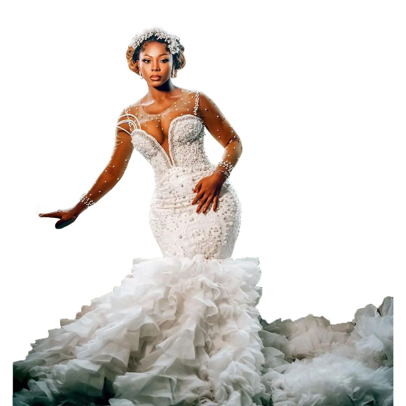 Sexy Mermaid Wedding Dress Cascading Ruffles Illusion O Neck Long Sleeve Beads Bridal Gowns Robe De Soiree