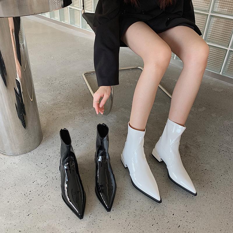 Boots Fashion Women Ankle Pointed Toe Stretch Shoes Patent Leather Black White Back Zipper Flat Low Heels Autumn Winter
Boots Fashion Women Ankle Pointed Toe Stretch Shoes Patent Leather Black White Back Zipper Flat Low Heels Autumn Winter