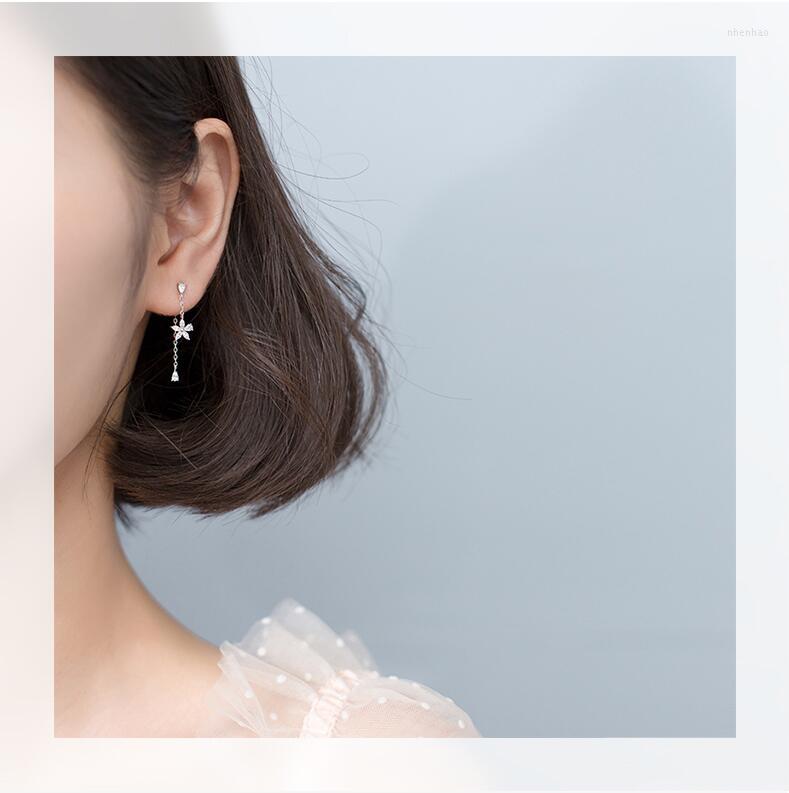 Dangle Earrings Flower 925 Sterling Silver Simple Style With Cubic Zirconia