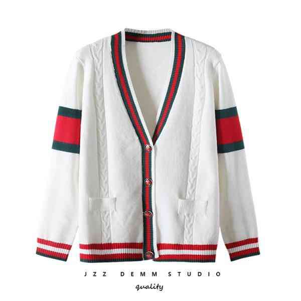 Autumn and winter star net red sweater coat loose green stripe knitted cardigan BF style, White
Autumn and winter star net red sweater coat loose green stripe knitted cardigan BF style, White