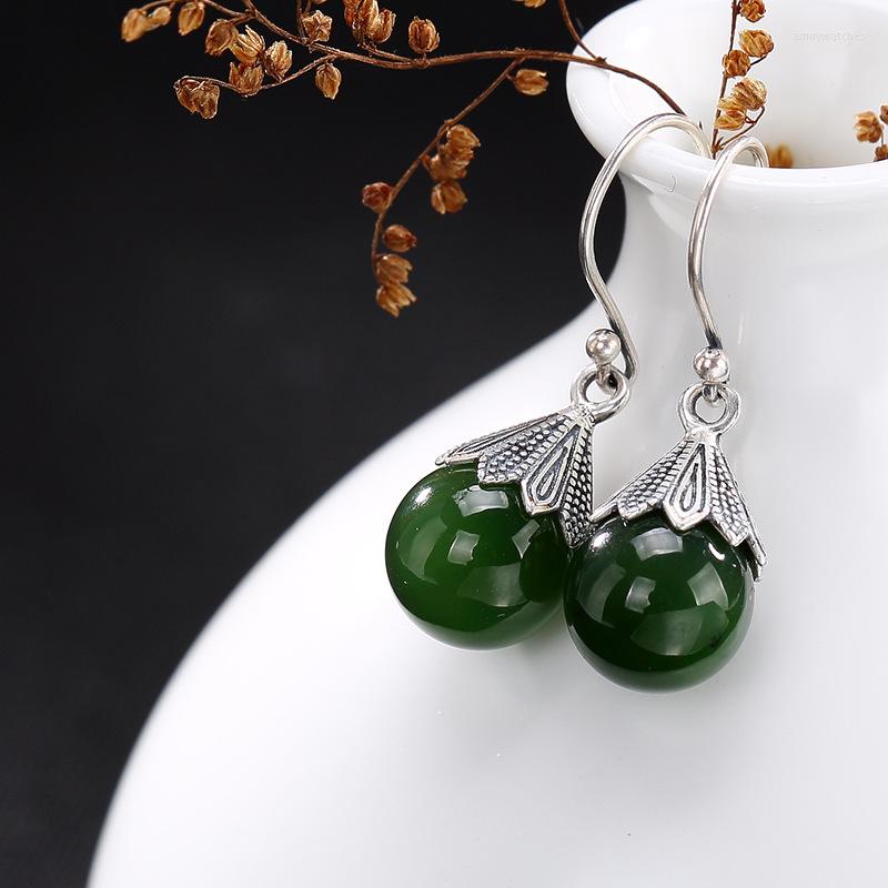 Dangle Earrings 925Sterling Silver Inlaid Natural Stone Retro Bead