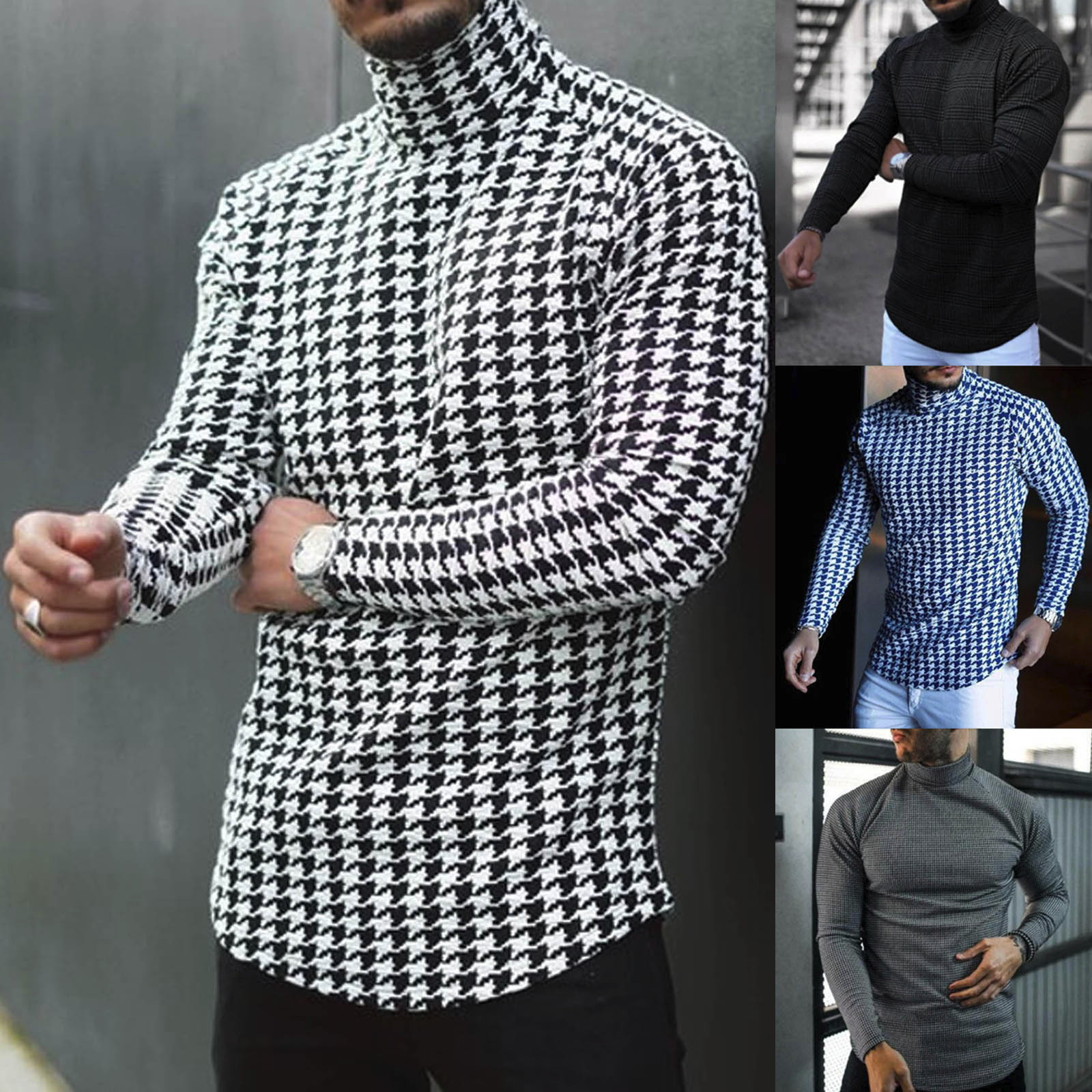 Men's Sweaters Fashion Men Turtleneck Long Sleeve Houndstooth Printed Slim Sweater Pullover Tops Casual Knitted Jumper Plus Size Pull Homme#35 22