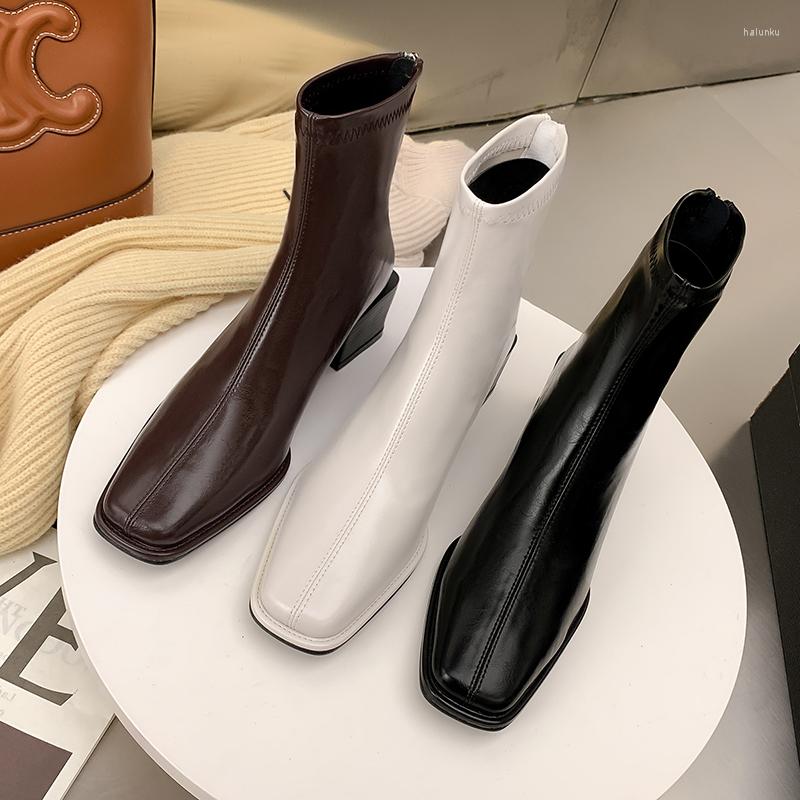 Boots Square Toe Women Ankle Stretch Shoes Thick Mid Heels Black White Brown Back Zipepr Ladies Party Sock Botas Size 39
Boots Square Toe Women Ankle Stretch Shoes Thick Mid Heels Black White Brown Back Zipepr Ladies Party Sock Botas Size 39