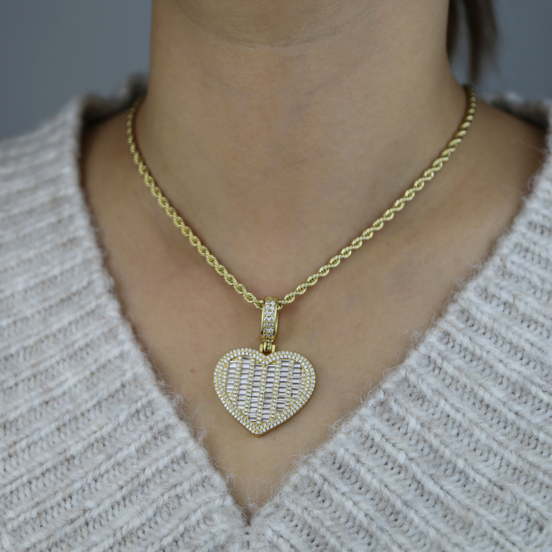 New arrived hip hop necklace paved 5a cz stoen sier gold plated heart pendant with tennis chain necklaces for women men lady wedding jewelry gift