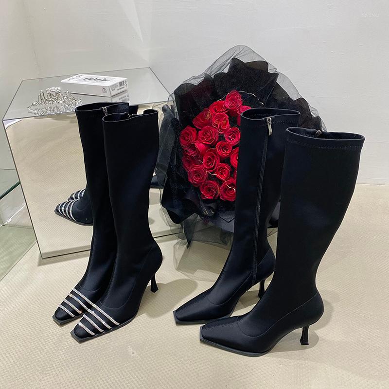 Boots Ladies Women Knee Square Toe Rhinestone Chain Stretch Shoes Thin High Heels Side Zipper Lycle Cloth Black Sock
Boots Ladies Women Knee Square Toe Rhinestone Chain Stretch Shoes Thin High Heels Side Zipper Lycle Cloth Black Sock