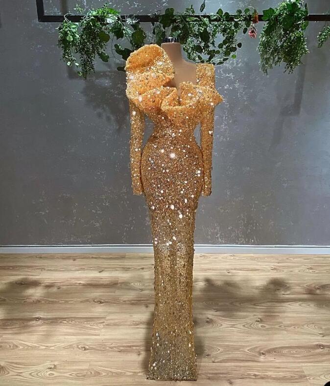 Glitter Gold Sequins Mermaid Prom Dresses Long Sleeves Plus Size Sweep Train Formal Evening Occasion Gowns Vestdidos De Novia