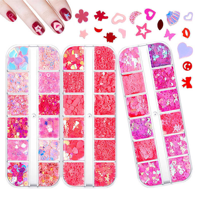 12 Grids Heart Nail Glitter Flakes Art Decals 3D Sweet Sequins Design Nails Valentines Day Decorations Manicure Nagel Glitter Vlokken Art Decals