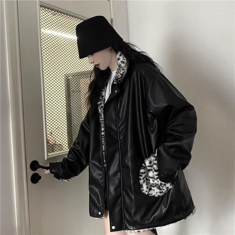 Women' Down Winter PU Leather Jacket Women Both Sides Wear Leopard Print Fur Collar Loose Harajuku Wild Thickening Plus Velvet Thick Coats, Black
Women' Down Winter PU Leather Jacket Women Both Sides Wear Leopard Print Fur Collar Loose Harajuku Wild Thickening Plus Velvet Thick Coats, Black