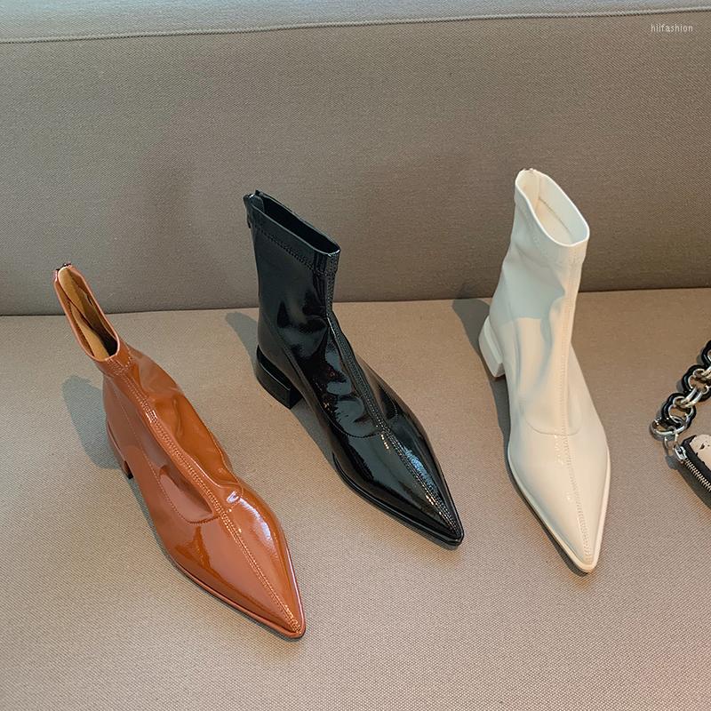 Boots Patent Leather Women Stretch Ankle Brown Black White Pointed Toe Autumn Winter Sock Back Zipper Flat Low Heels 35-39
Boots Patent Leather Women Stretch Ankle Brown Black White Pointed Toe Autumn Winter Sock Back Zipper Flat Low Heels 35-39