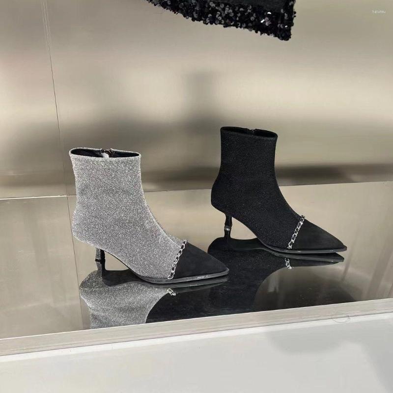 Boots Fashion Women Ankle Pointed Toe Stretch Botas Sock Booties Thin Mid Heels Silver/Black Pearl Chain Dress Shoes Woman 35-39
Boots Fashion Women Ankle Pointed Toe Stretch Botas Sock Booties Thin Mid Heels Silver/Black Pearl Chain Dress Shoes Woman 35-39