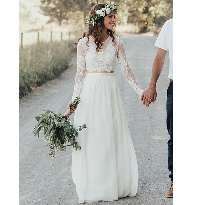 Two Piece Dress O-Neck Long Sleeves Lace Wedding Gown Bohemian Summer White Bride Dresses vestidos de novia