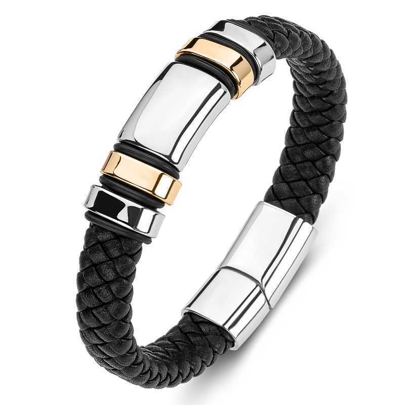Men's Woven Leather Rope Bracelet Stainless Steel Bracelet Handmade Punk Rock Party Gift P172