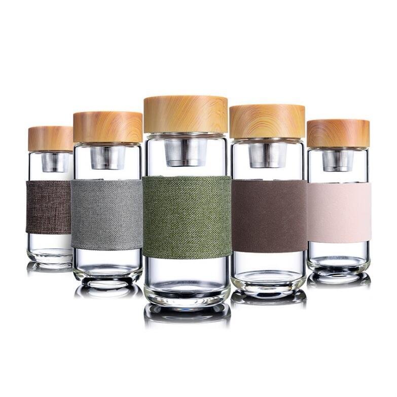 350ml Glass Water Bottles Heat Resistant Round Office Car Cup With Stainless Steel Tea Infuser Strainer Tumblers