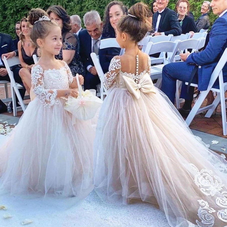 

Lace Flower Girl Dress Bows Childrens First Communion Dress Princess Tulle Ball Gown Wedding Party Gowns FS9780, Mc2221-ivory