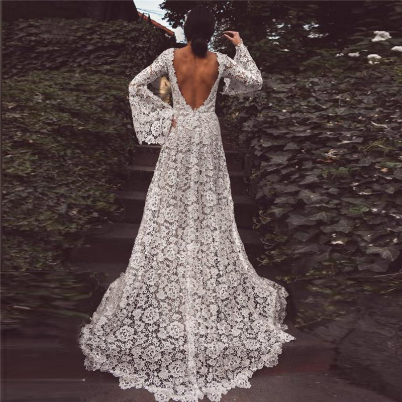 Lace Boho Wedding Dresses for Women Long Sleeve Backless A-e Bohemian Bride Dress Beach Bridal Gowns Vestidos De Novia