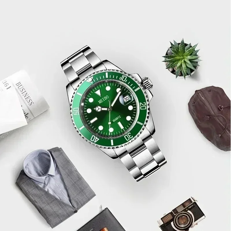 1pc Men Silver Stainless Steel Water Proof Automatic Luminous Rotatable Bezel Mens Watches 250901