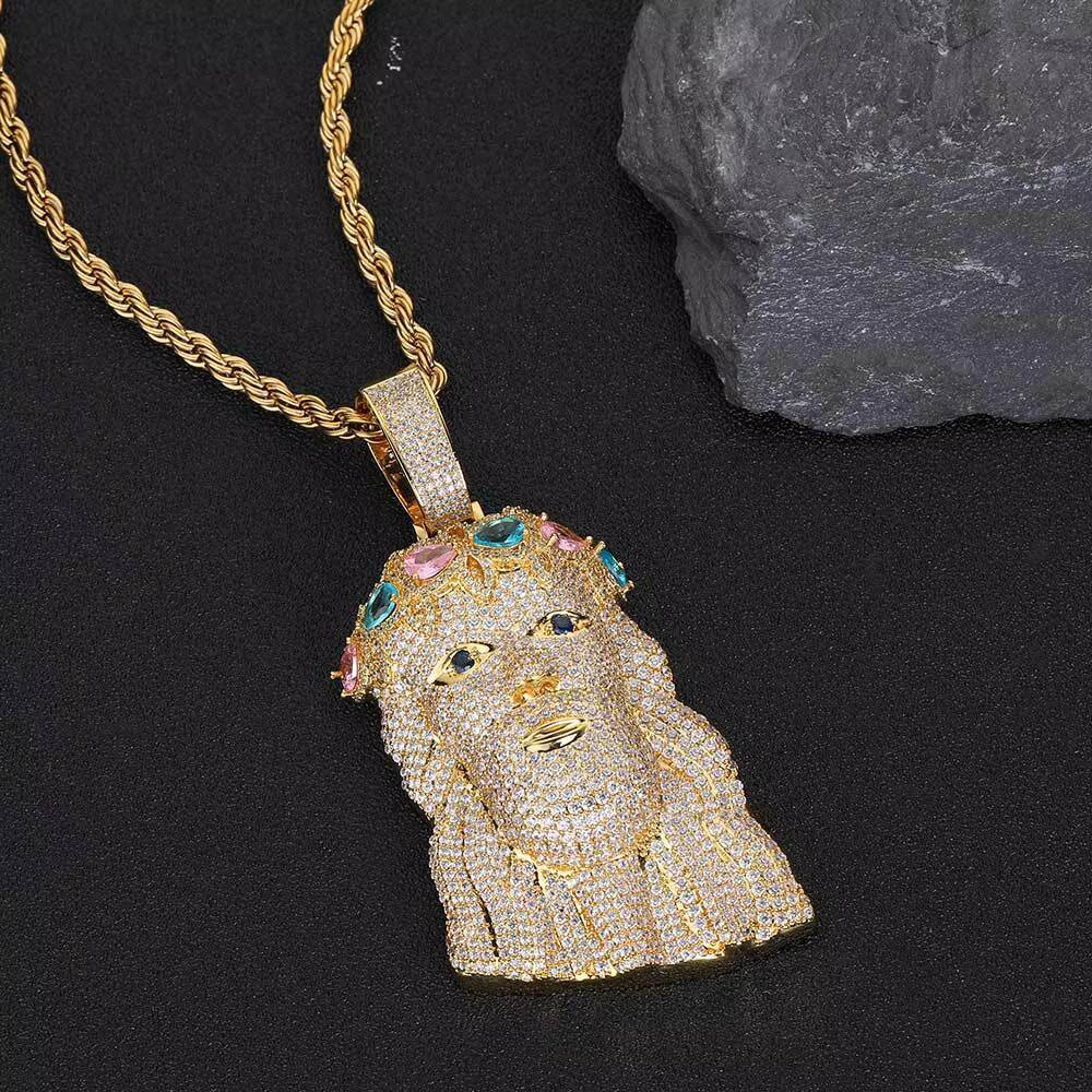 Iced Out Hip Hop Charm Pendant Jesus Piece Custom Rainbow Big Heavy Jesus Head Pendant Necklace
