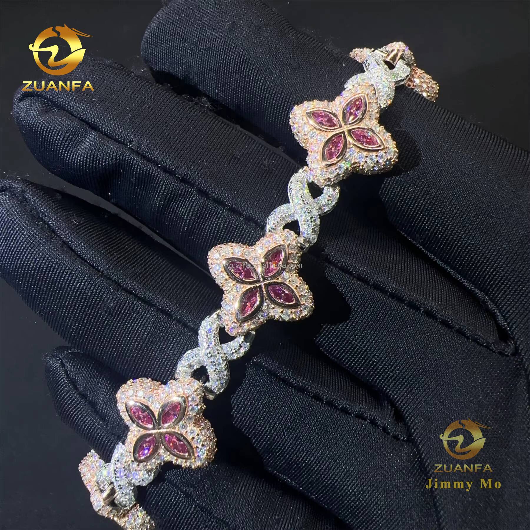 New Design 15mm Marquise Flower Luxury Jewelry Hip Hop Jewelry Iced Out Pink Moissanite Diamond Infinity Cuban Link Bracelet