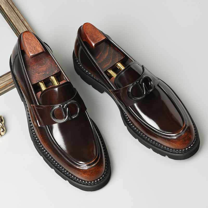 Loafers men's genuine leather new style with one foot shiny leather thick sole British men's business formal leather shoes