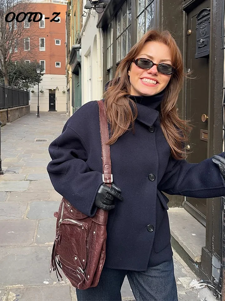 Woolen Solid Women Coat Full Sleeve Lapel Female Jacket Elegant Autumn Winter Casual Button Front Pocket Lady Oversize Top 250911