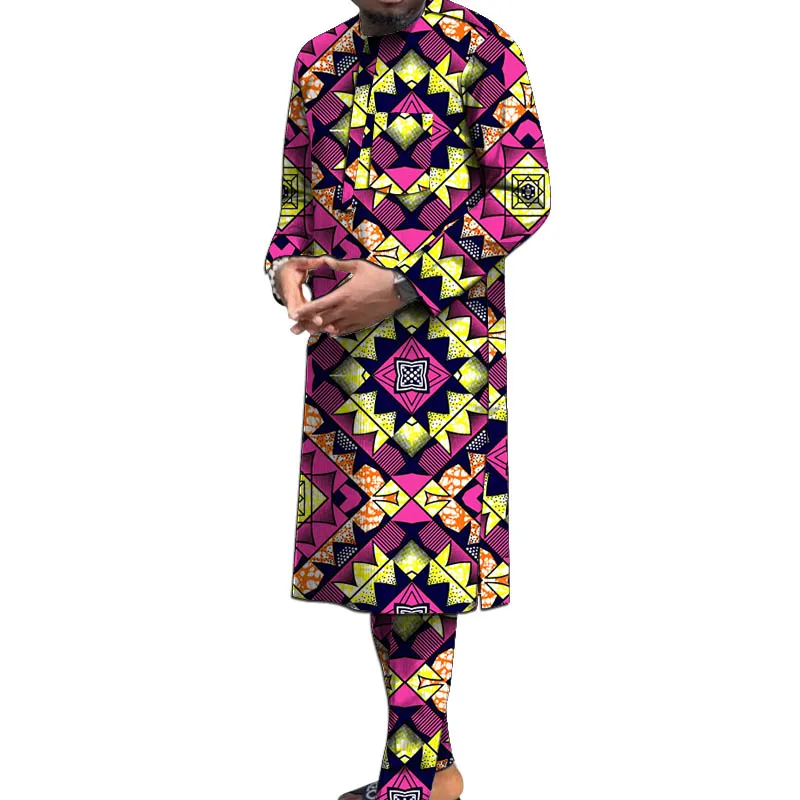 Nigerian Print Men's Set Long Sleeve Shirt & Pant Traditional Robe African Couture Male Wedding/Party Groom Suit