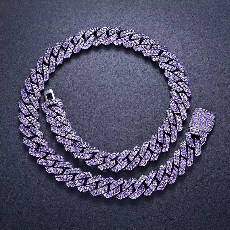 15MM Iced Out Miami Cuban Necklace Gun Black Plated Paved Purple Diamond CZ Prong Cuban Link Chain