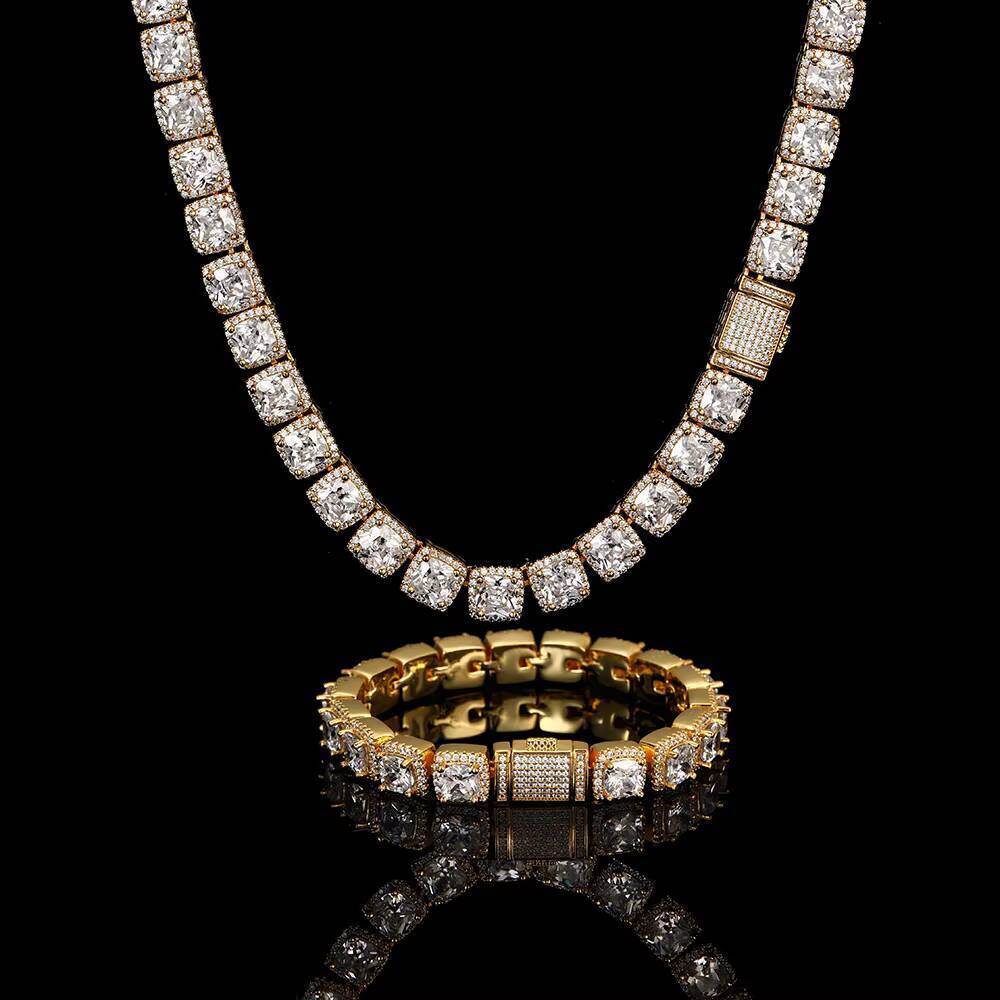 10mm Solid Back CZ Necklace 18k Gold Plated Jewelry Iced Out Diamond Clustered Tennis Chain