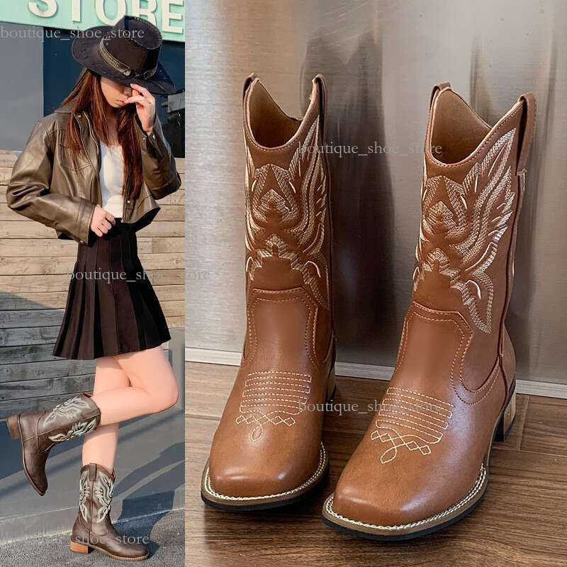 2025 New Embroidered Long Leg Cycling Square Toe Thick Heel Autumn Genuine Leather Women's Cowboy Boots