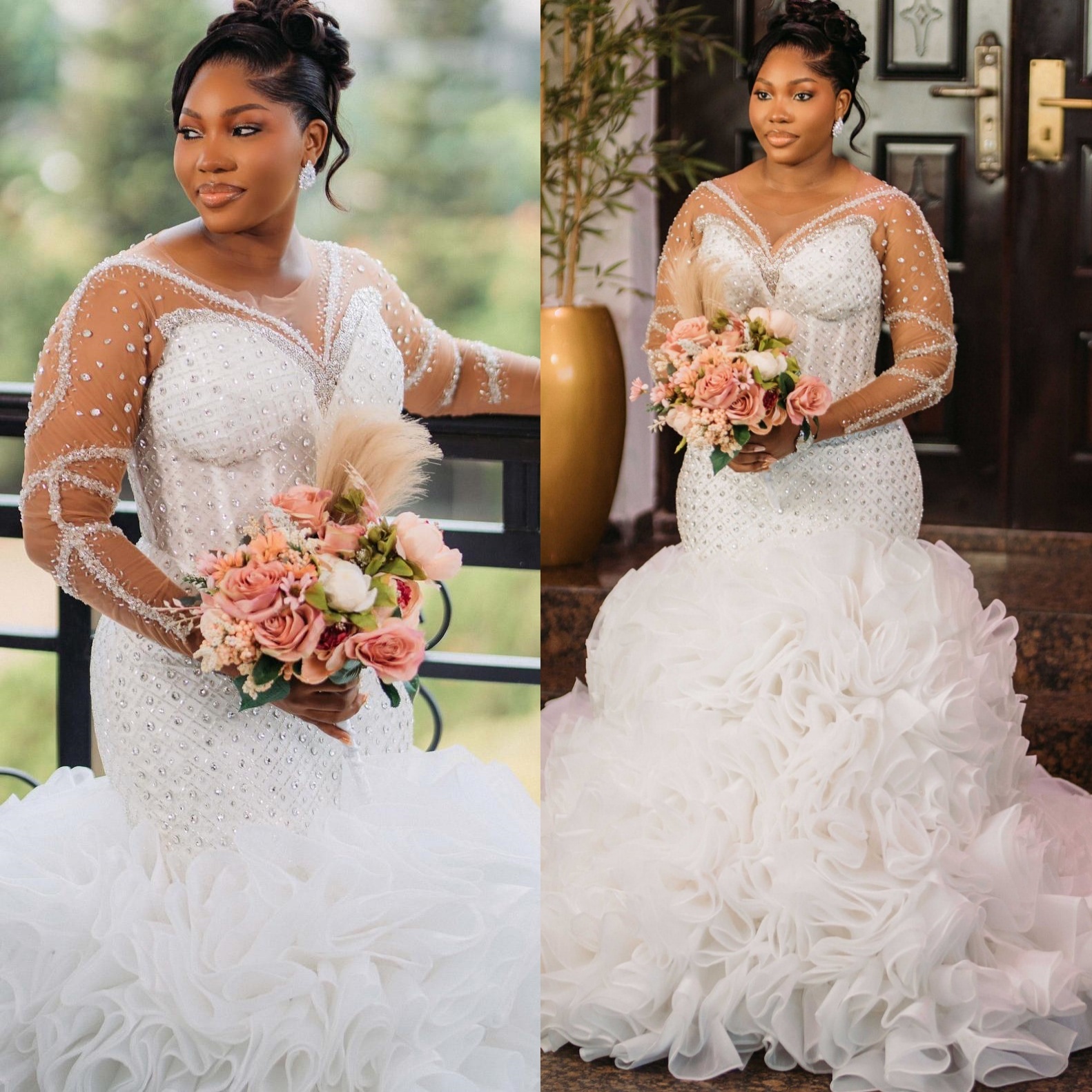 2025 Aso Ebi Plus Size Ivory Mermaid Wedding Dress Sheer neck Beaded Crystals Organza Tiers Luxurious Bridal Gowns Dresses