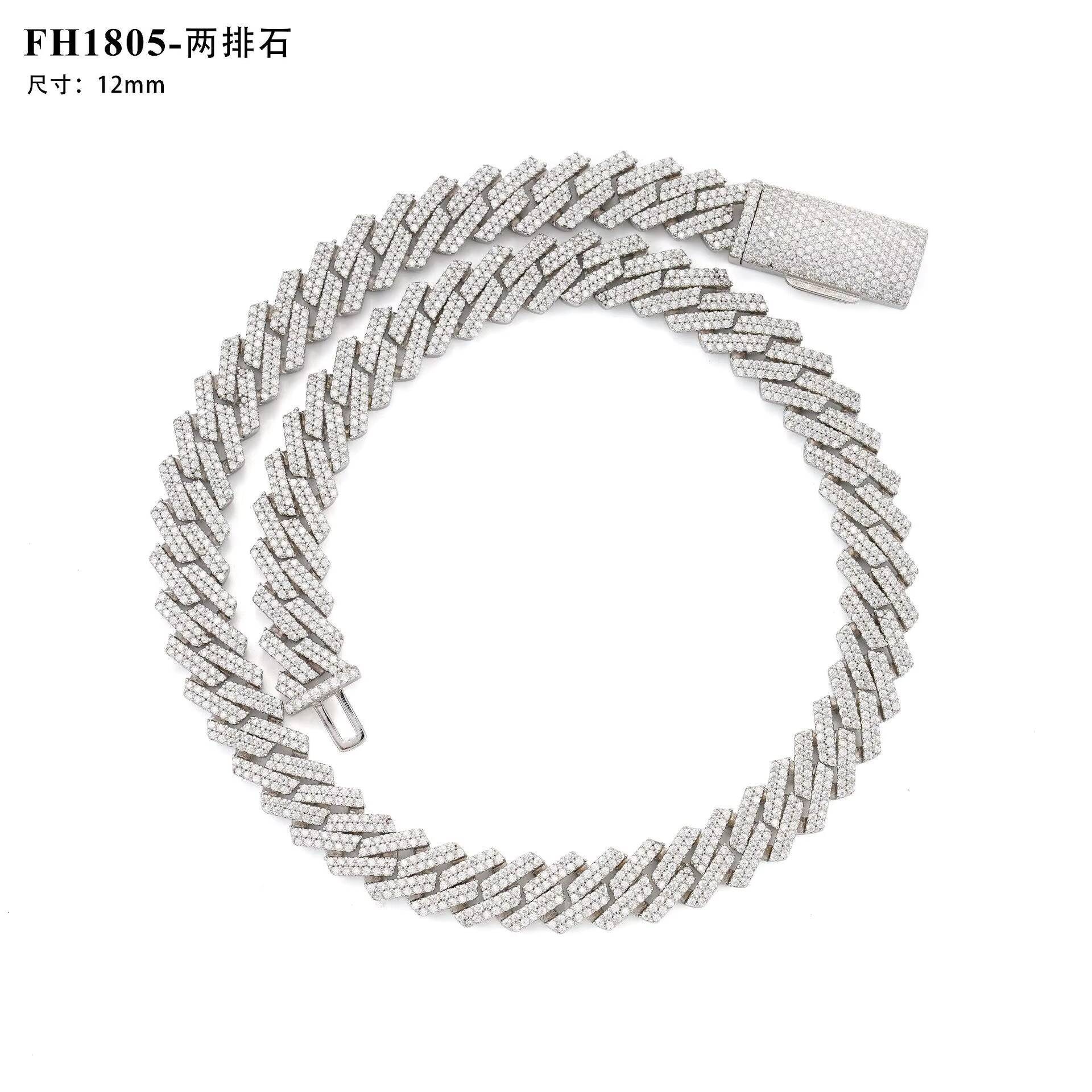 12mm Fashion Cuba Necklace 925 Silver Full Diamond Bracelet Personalized TwoRow Moissanite Hot CrossBorder Foreign Trade Item