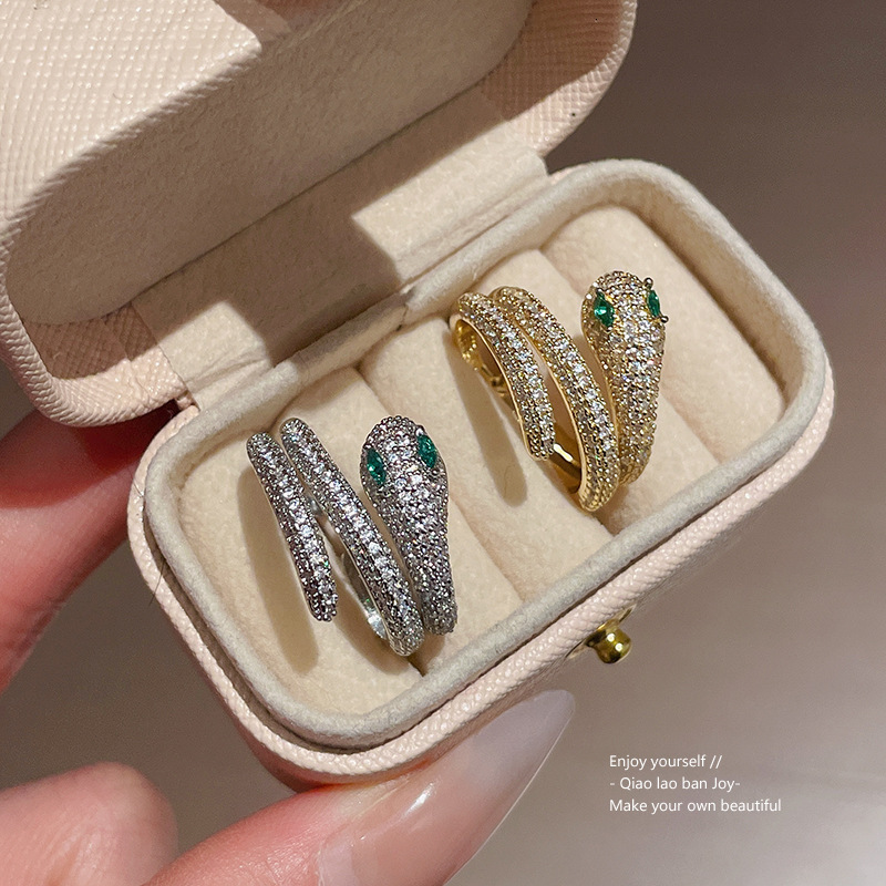Luxury Brand Designer Jewelry Real Gold Plated Zircon Snake Open Ring New Chinese Style Light Luxury Versatile Index Finger Ring Commuting Internet Celebrity Te