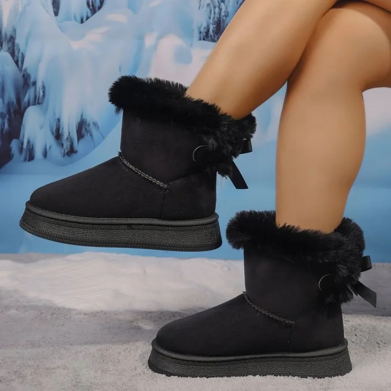 Fashion Bow Fleece Thicksoled Large Size Flatbottomed Winter Womens Snow Boots 250901