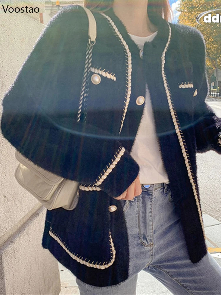 White Mink Cashmere Sweater Coat Women Autumn Winter Lazy Style Korean Retro Black Loose ONeck Knitted Cardigan Fashion Outwear 241108 ddmythur ddmyth