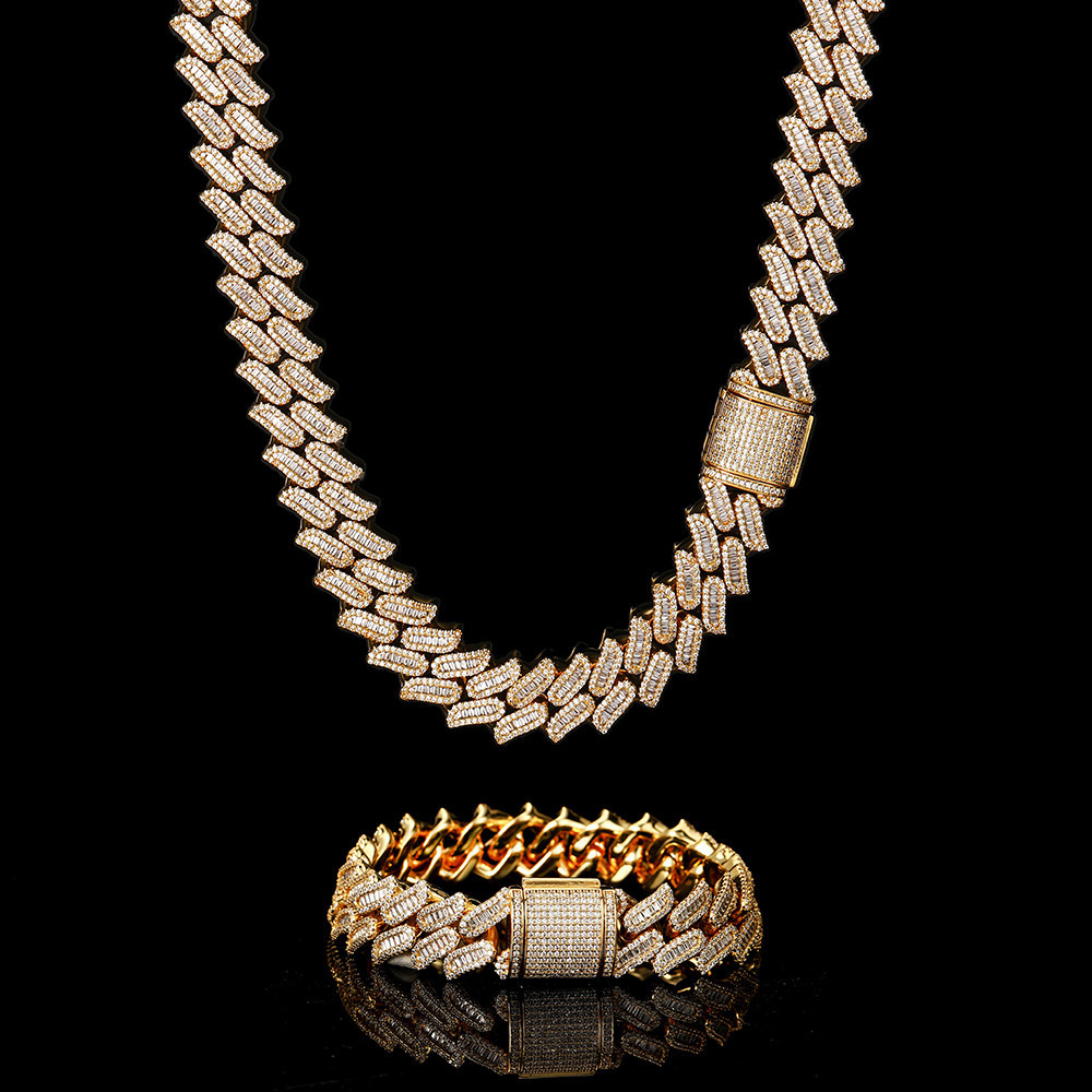 Hip Hop New 15mm Mens Cuban Necklace Iced Out Fully CZ Diamond Baguette Thorns Cuban Chain