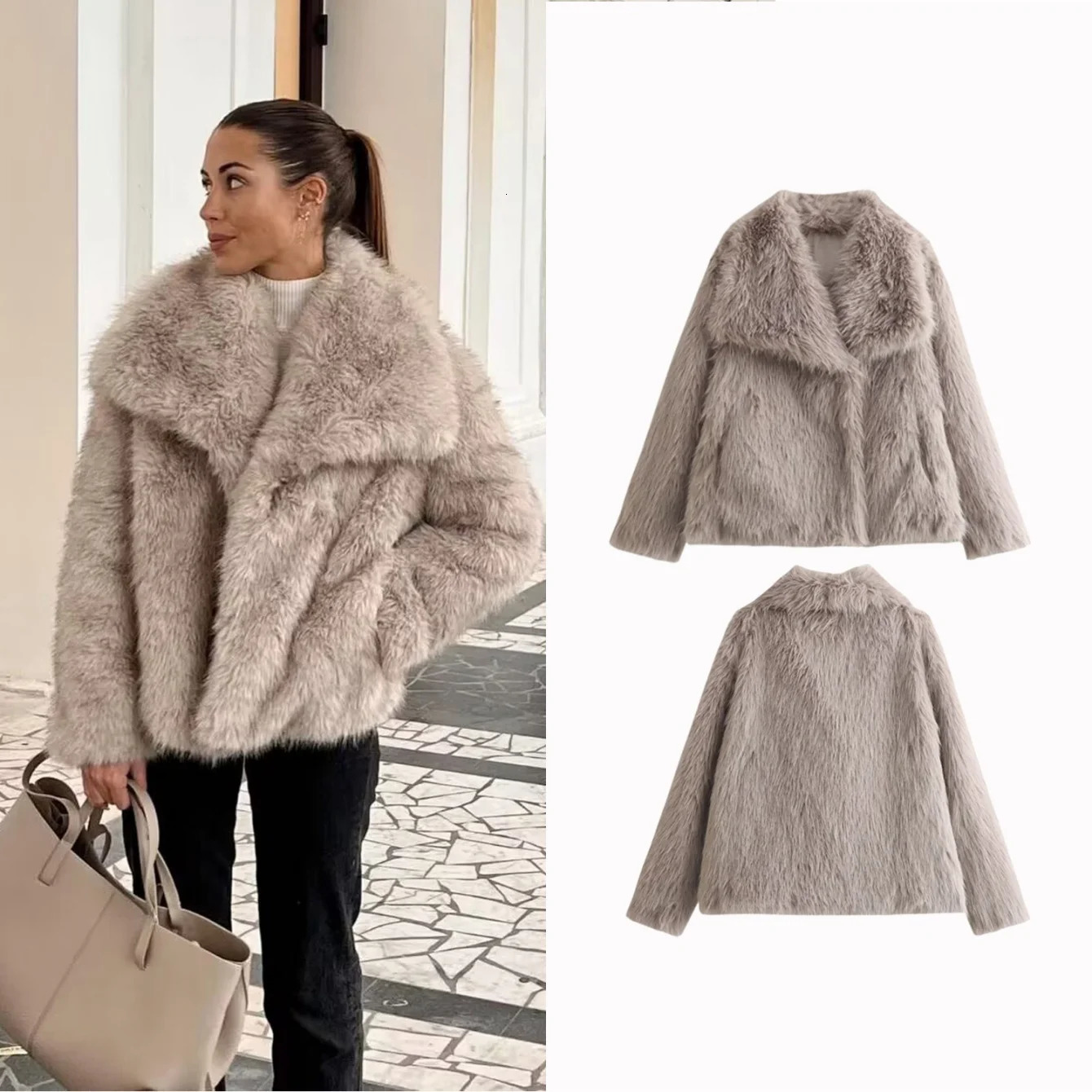 2025 Woman Autumn Winter Faux Fur Coat Plush Fluffy White Pink Gray Black Wool Blends Coats Jacket in Outerwears 250901