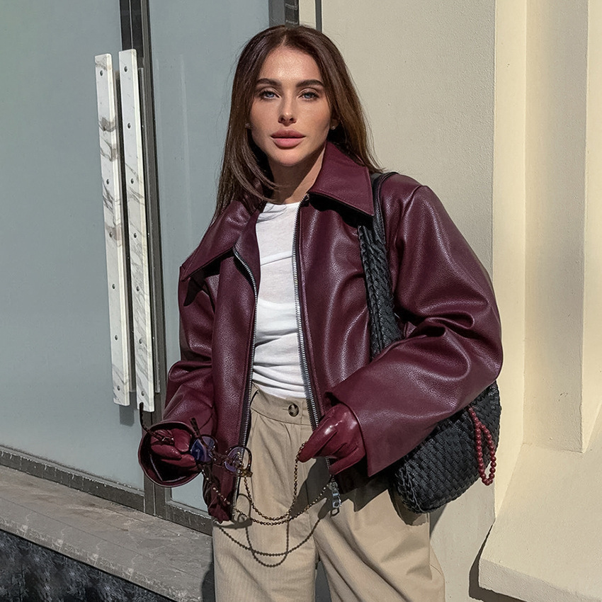 Motorcycle Style Wine Red Leather Jacket for Women 2024 Autumn Fashion Matte Leather Coat Womens Clothing 250226