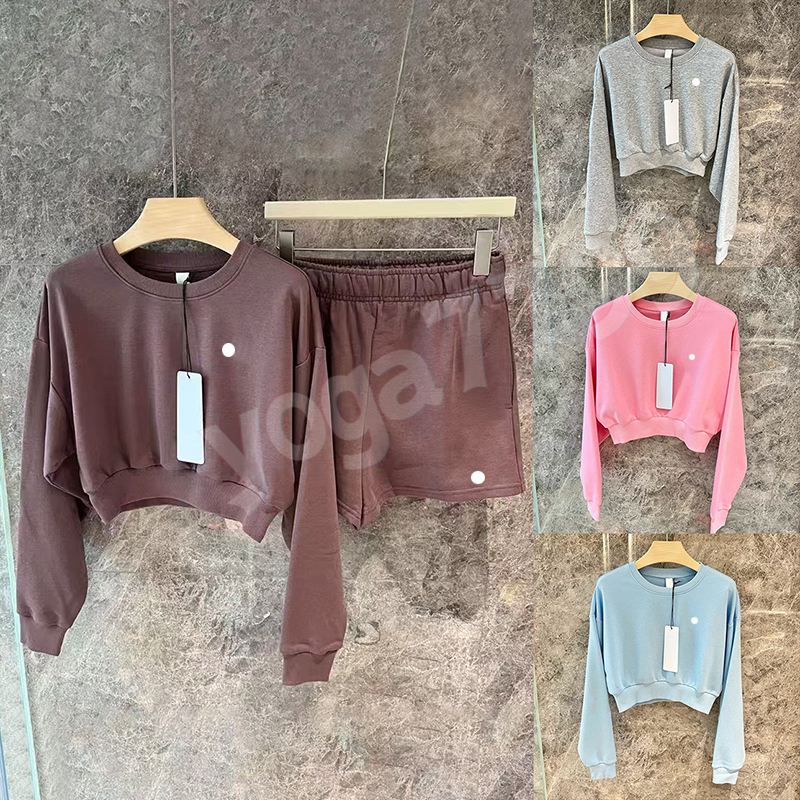 Yoga Shorts Hoodies Sweatshirt Cotton Breathable Short Sweatshirt Sport Pants Sportswear Crew Neck Hoodies with 3D Silver Logo Loose Sweatwear Tops Yoga Hoodies