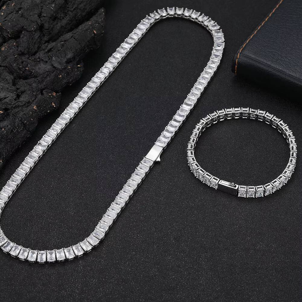 Eskeem Tennis Chain Necklace 6mm Iced Out Baguette Zircon Womens Hip Hop Fine Jewelry