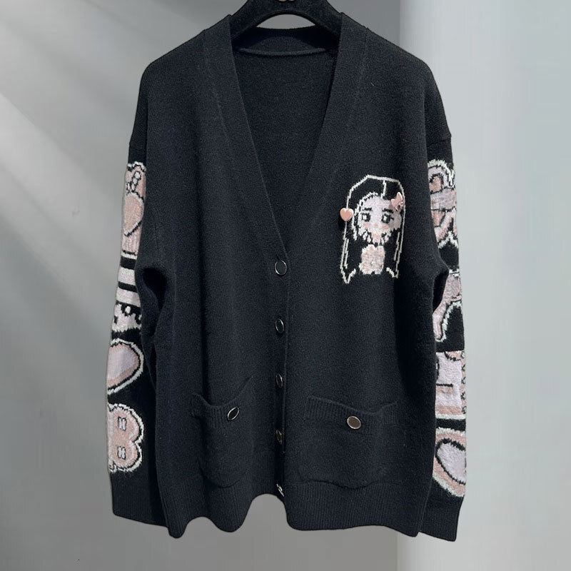 Luxury Retro Oversized Ladies Black Cashmere Cardigan, V-Neck Button Down Sweater With Embroidered Details, High Quality S0901