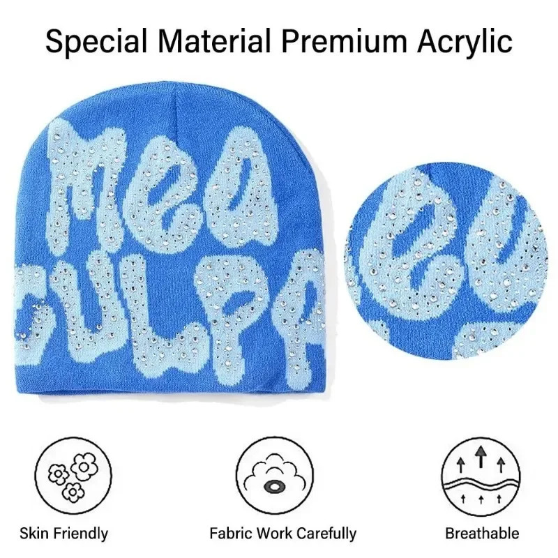 Y2K MEA Culpa Beanies Hat with Rhinestone for Women Men Beanies Hats Hiphop Soft Stretch Warm Knitted Slouchy Cap 250901