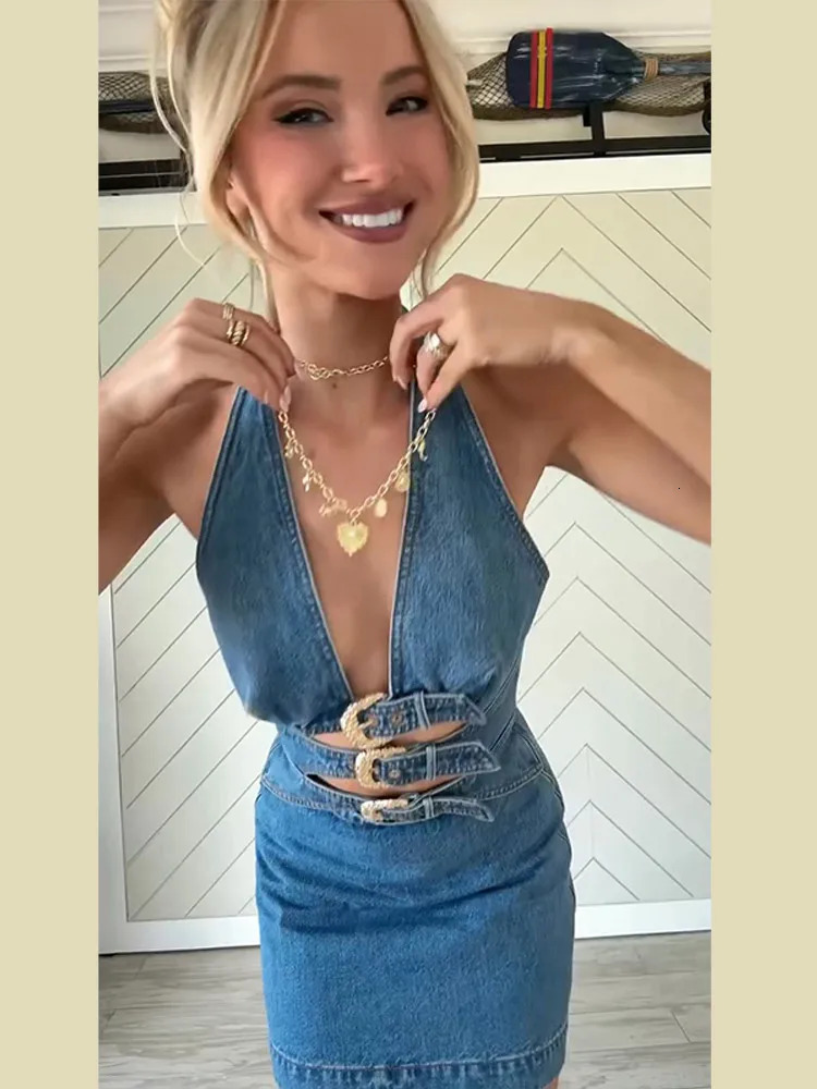 Deep V Neck Halter Denim Dress Hollow Out Belt Waist Cinched Slim Fit Cowboy Women Vest Short Dresses Streetwear Clothes 250901